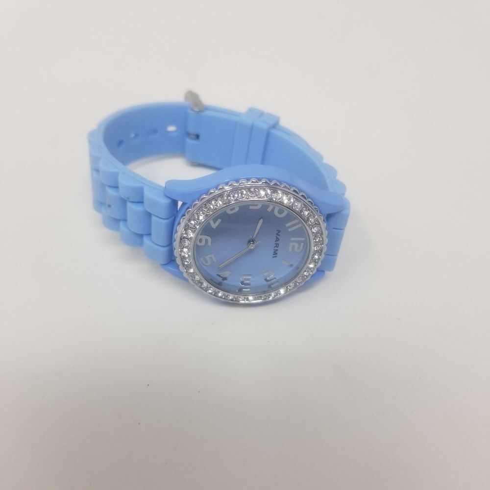 Narmi Blue Rubber Strap & Face Gemmed Bezel Easy To Read Numbers Women's Watch